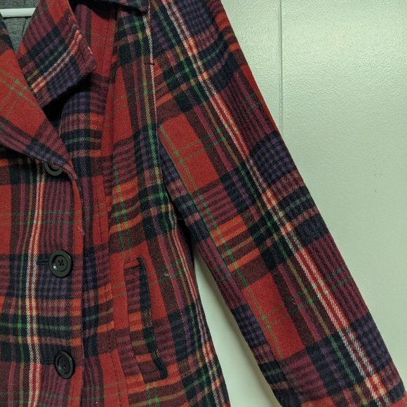 Old Navy Peacoat Jacket Double Breasted Plaid Red Buffalo Check Wool - Picture 8 of 10